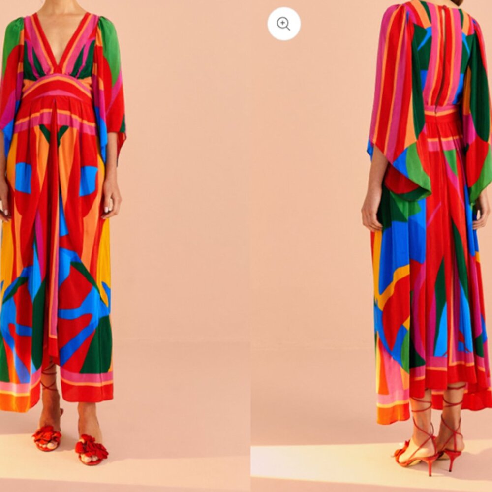 Farm Rio Colorful Leaves Midi Dress, Medium, NWT